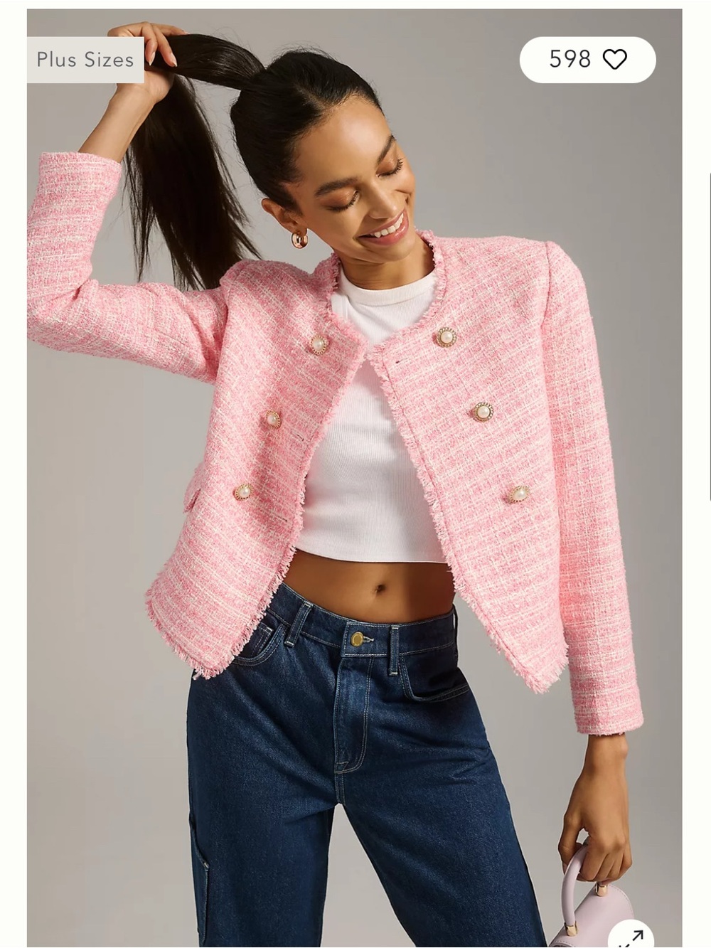 Maeve Anthropologie Size 4 Pink Tweed Fringe Double-Breasted Jacket